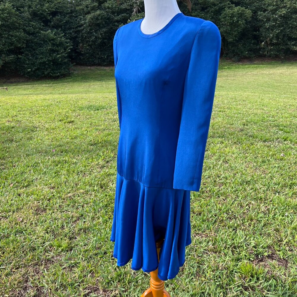 Carolina Herrara Vintage Cobalt Blue Drop Waist Flounce Dress sz 10 - Picture 3 of 11